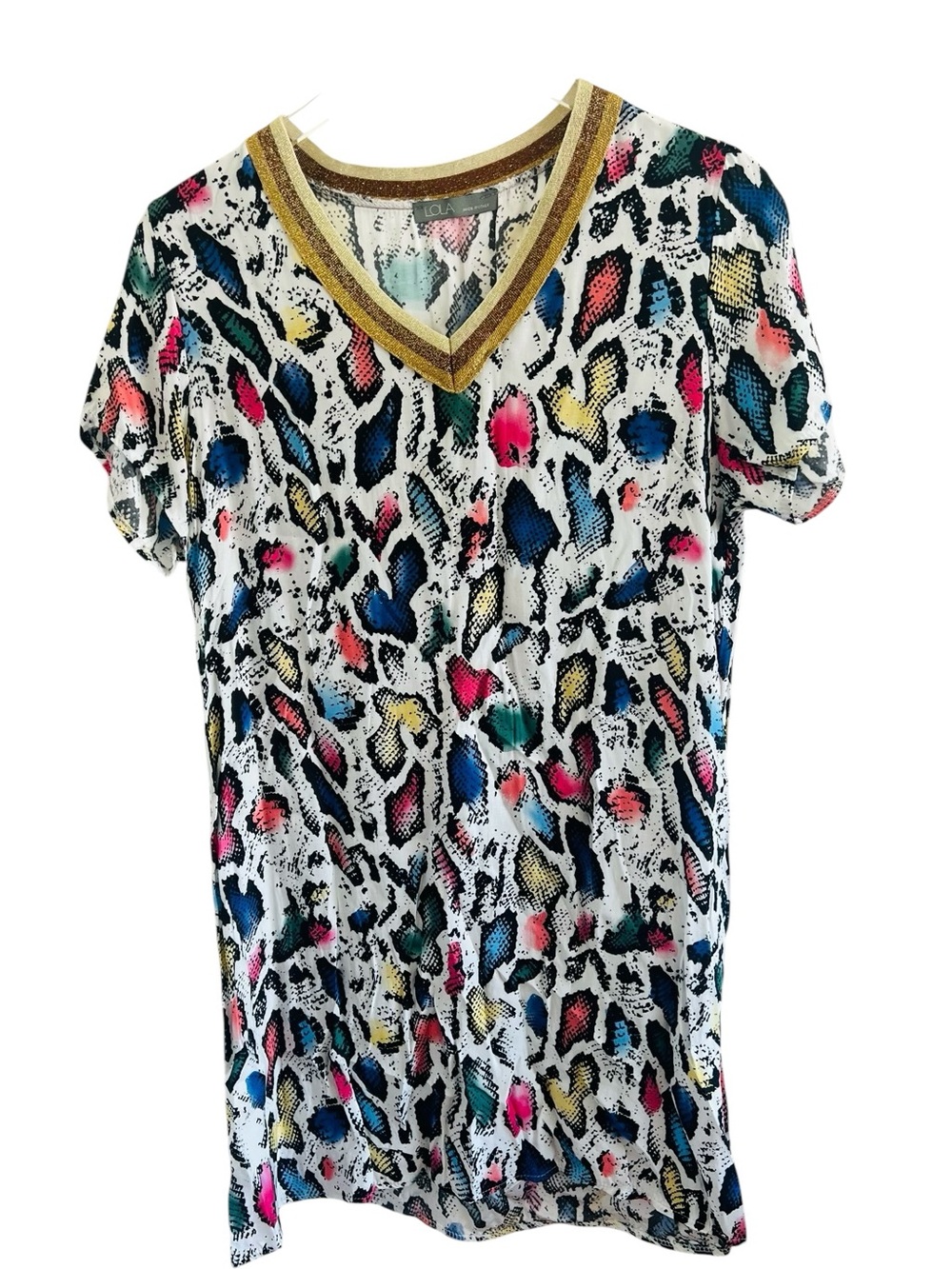 lola Made in Italy Multi-Color Animal Print V-Neck Tee with Gold Trim